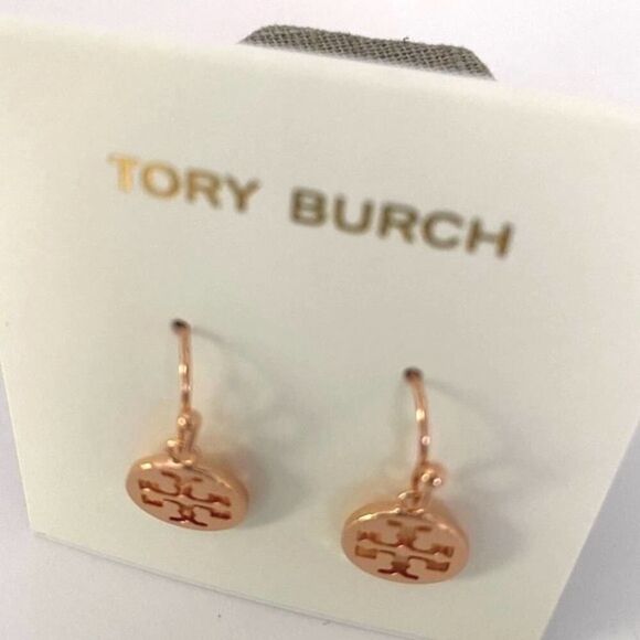 New Tory Burch Rose Gold French Wire Logo Earrings. - Picture 4 of 6